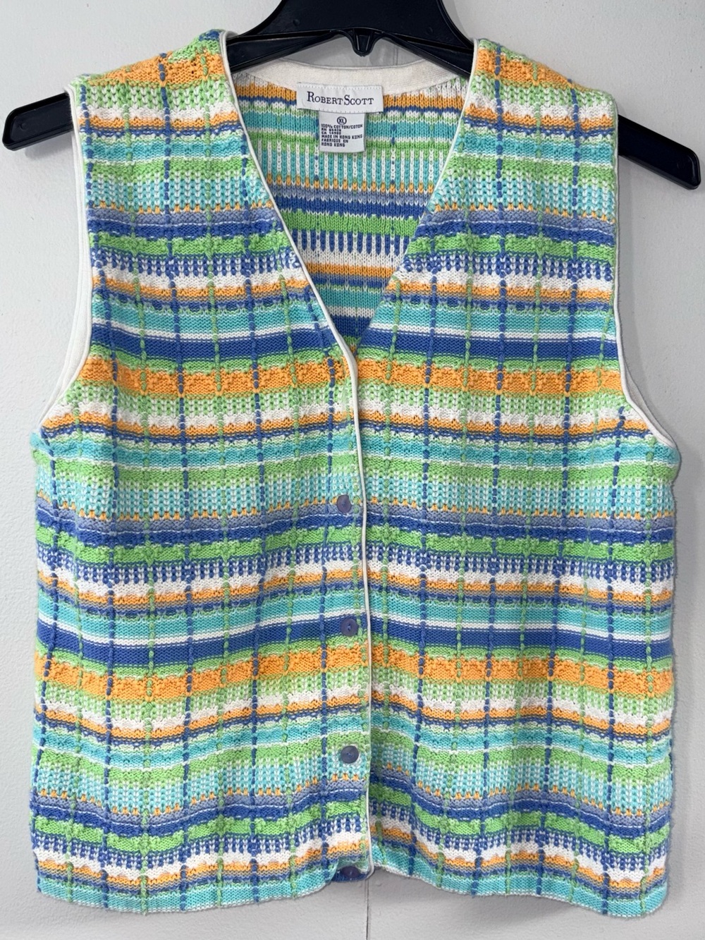 Vintage Robert Scott Women’s XL Cotton Knit Sweater Vest Plaid Button Front 90s